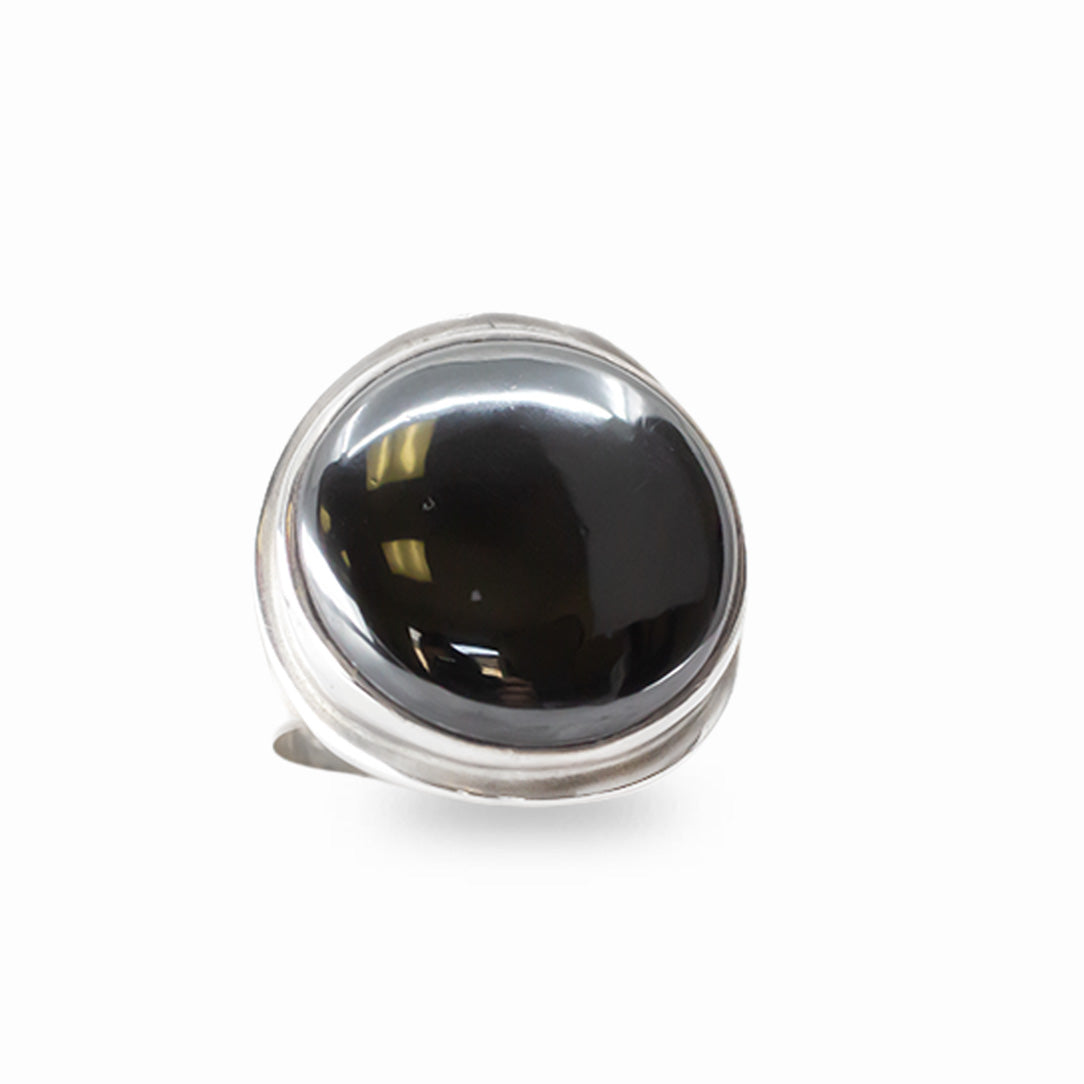 Oval metallic Hematite cabochon ring set in polished 925 sterling silver.