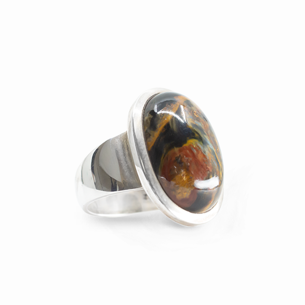 Oval Pietersite cabochon ring with golden and brown patterning in polished 925 sterling silver.