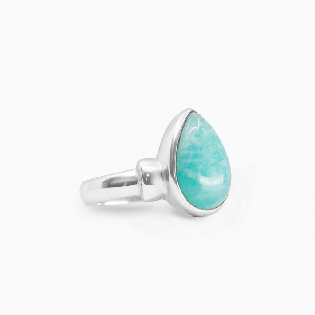 Pear-shaped turquoise-blue Amazonite cabochon ring set in polished 925 sterling silver.