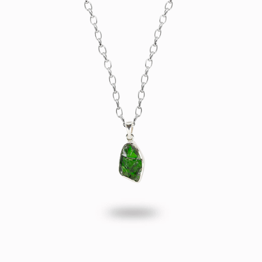 Raw chrome diopside pendant necklace in sterling silver