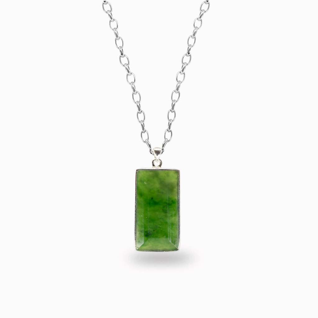 Nephrite jade rectangle pendant necklace in sterling silver