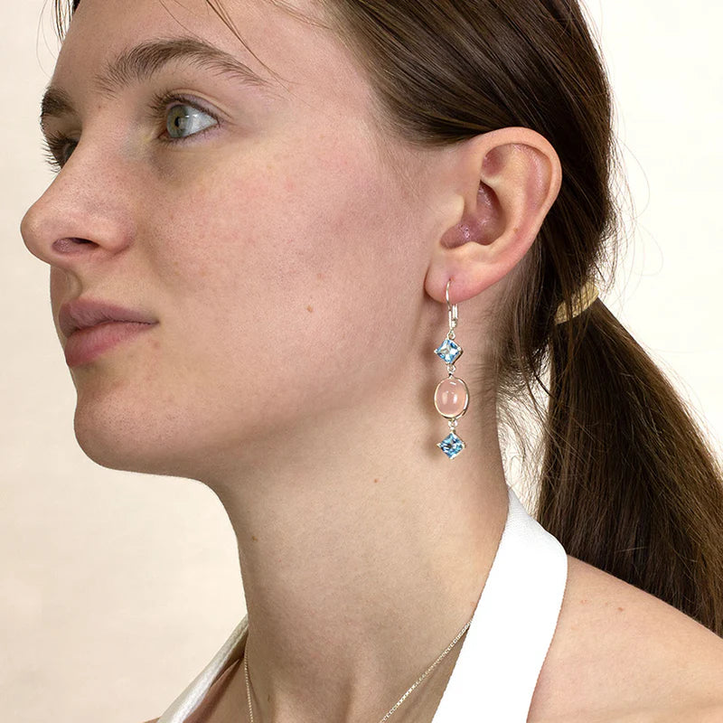 rose quartz blue topaz drop earrings sterling silver faceted topaz cabochon pink gemstone dangle earrings