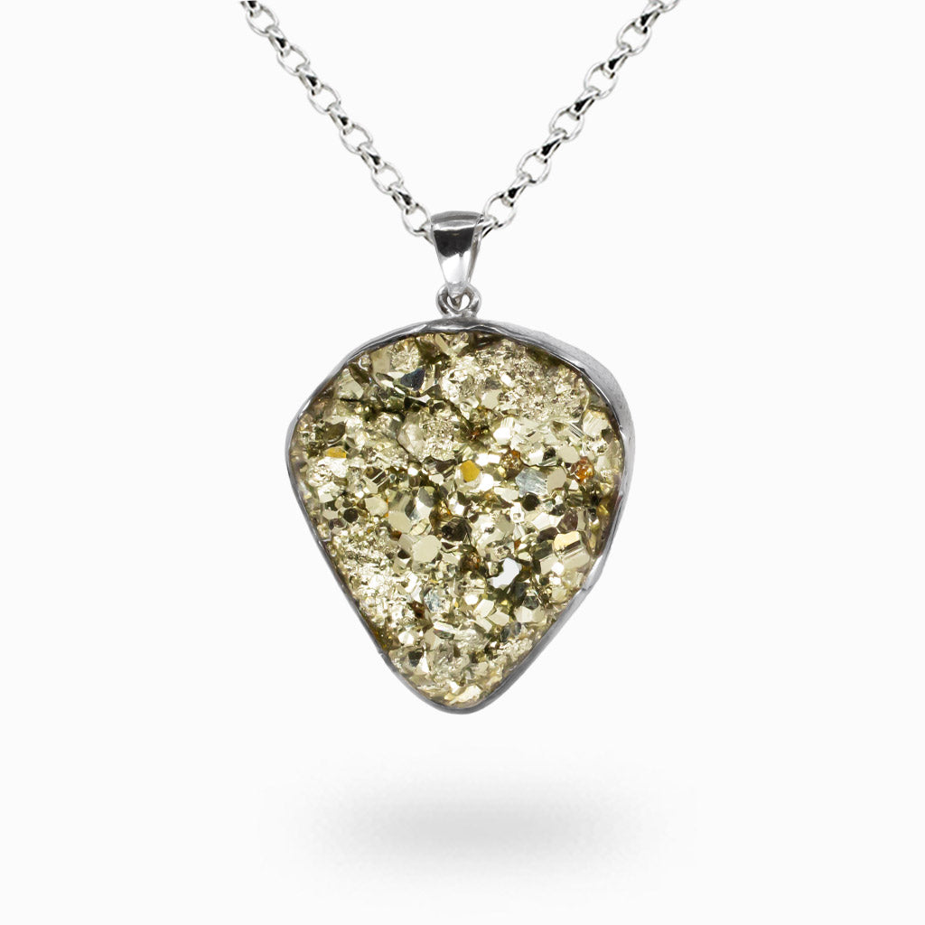 Tear shaped pyrite druzy pendant with gold metallic crystal clusters set in a sterling silver bezel on a silver chain.