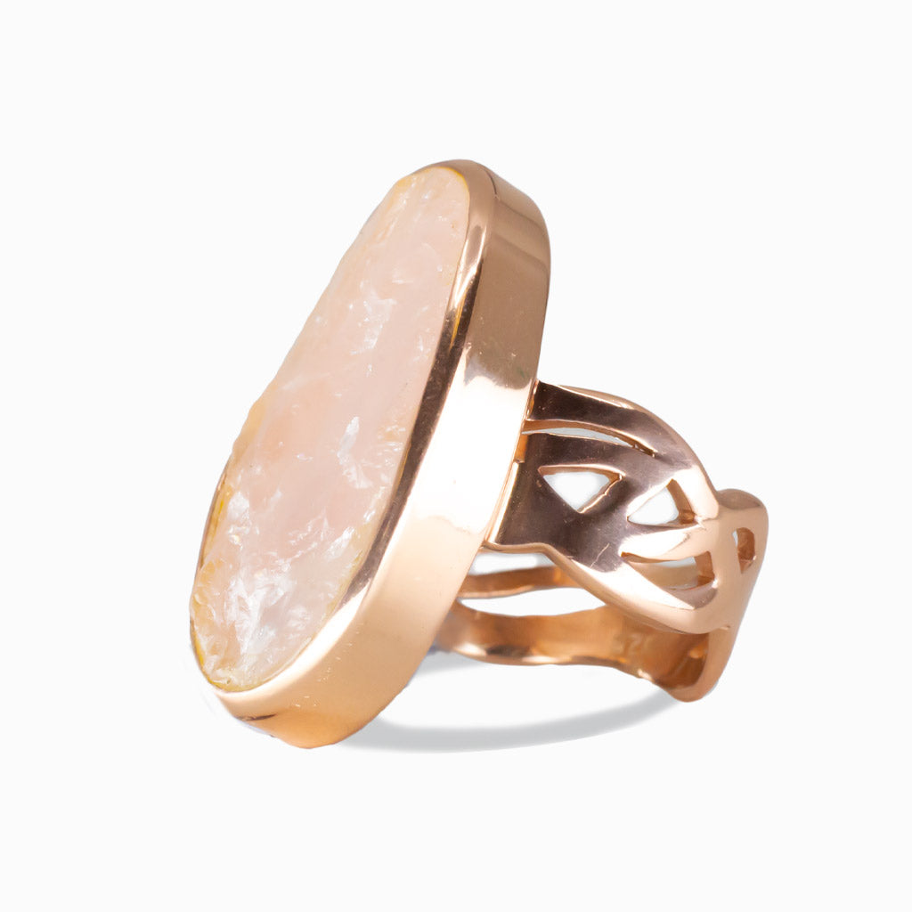 Rose Gold Vermeil Raw Rose Quartz Oval Ring front view—soft pink raw stone in oval bezel setting. | MADE IN EARTH
