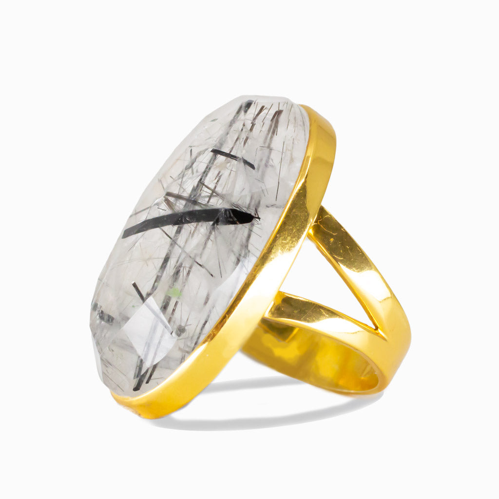 Oval Black Tourmalinated Quartz ring in yellow gold vermeil with bold black inclusions inside clear quartz. | MADE IN EARTH
