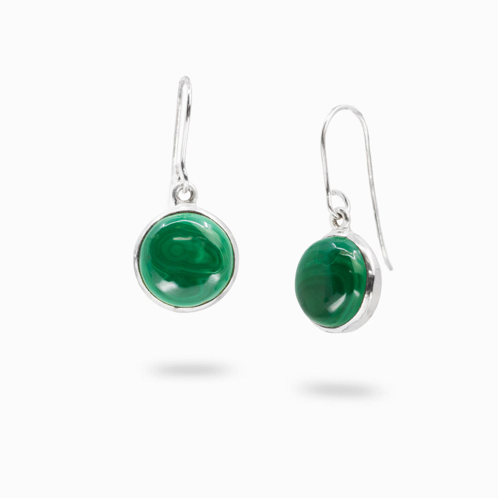 Sterling silver round Malachite drop earrings featuring natural green banding.