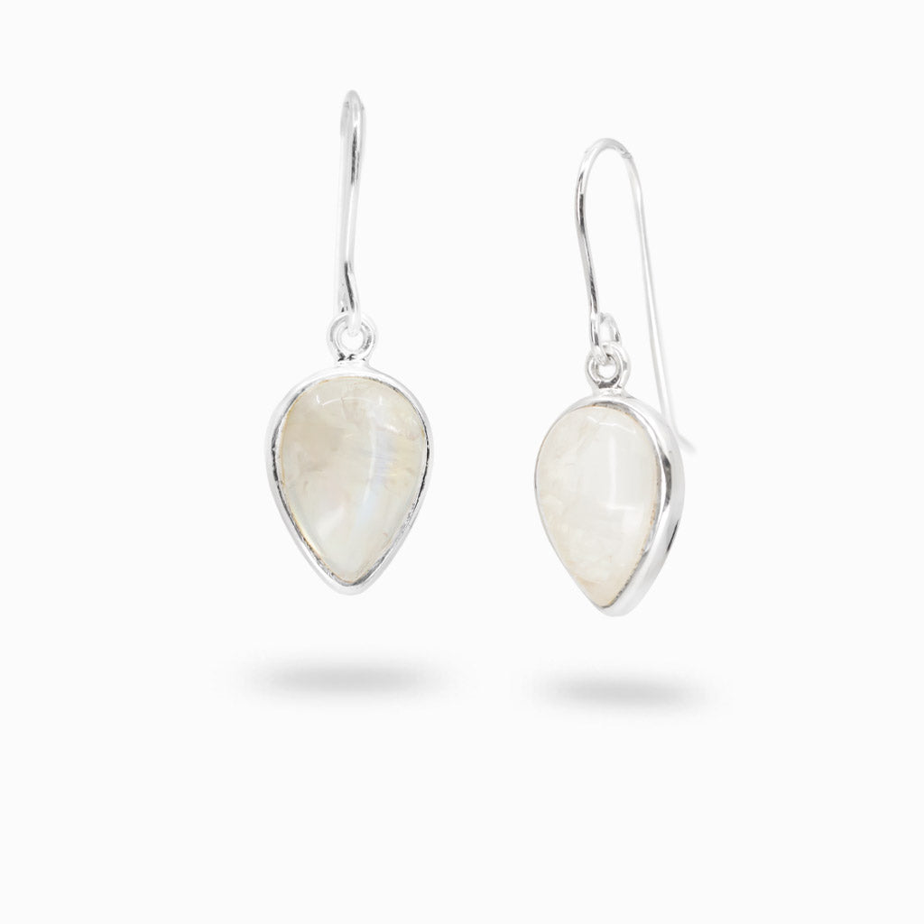 Sterling silver teardrop Rainbow Moonstone drop earrings.