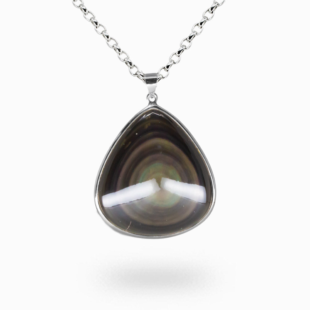 Rainbow obsidian teardrop necklace set in sterling silver with multicolor cabochon gemstone pendant. | MADE IN EARTH
