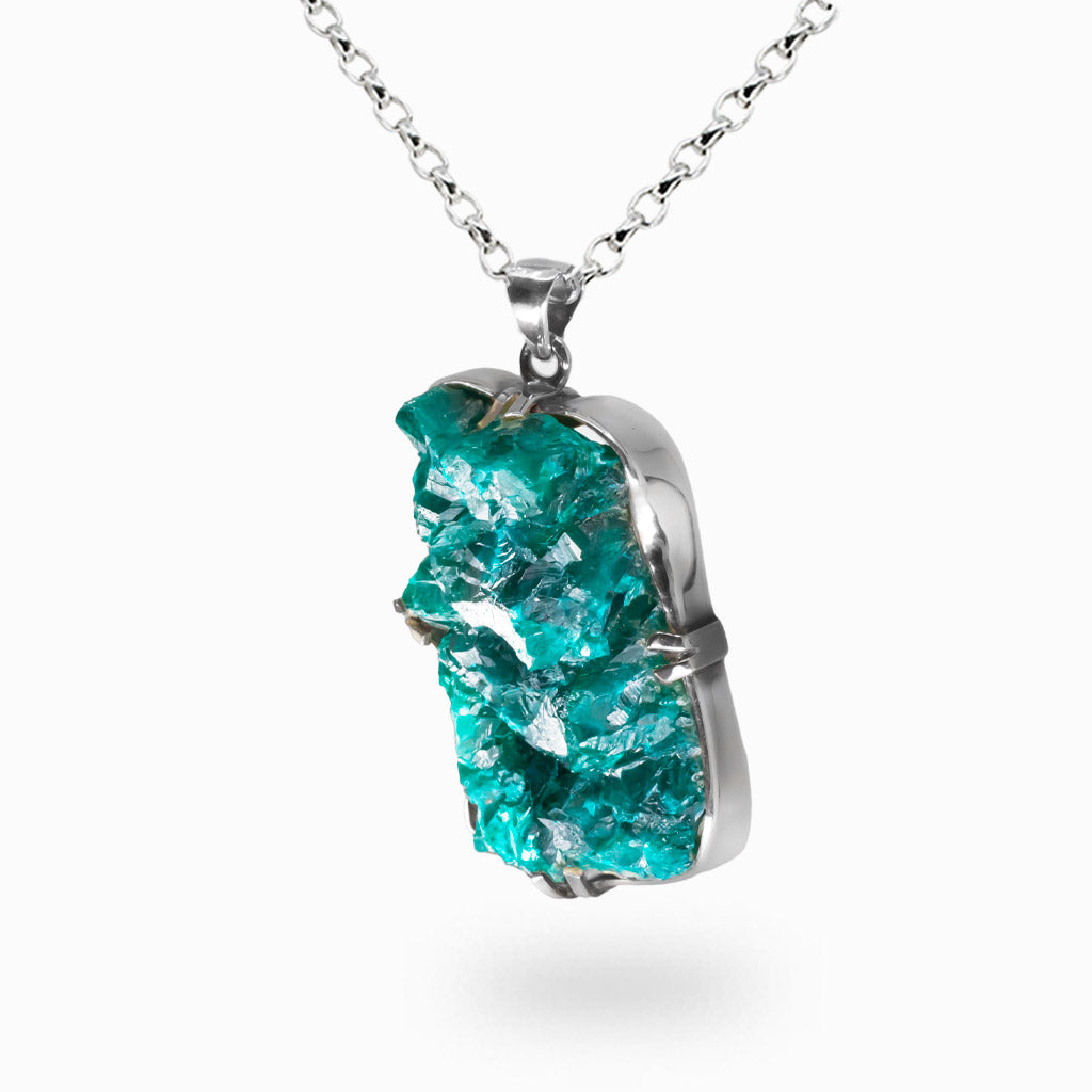 Raw green dioptase druzy crystal necklace set in sterling silver with natural crystal cluster texture.| MADE IN EARTH