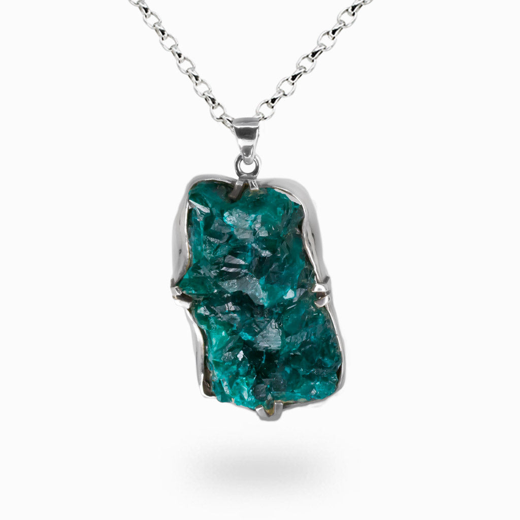 Raw green dioptase druzy crystal necklace set in sterling silver with natural crystal cluster texture.| MADE IN EARTH