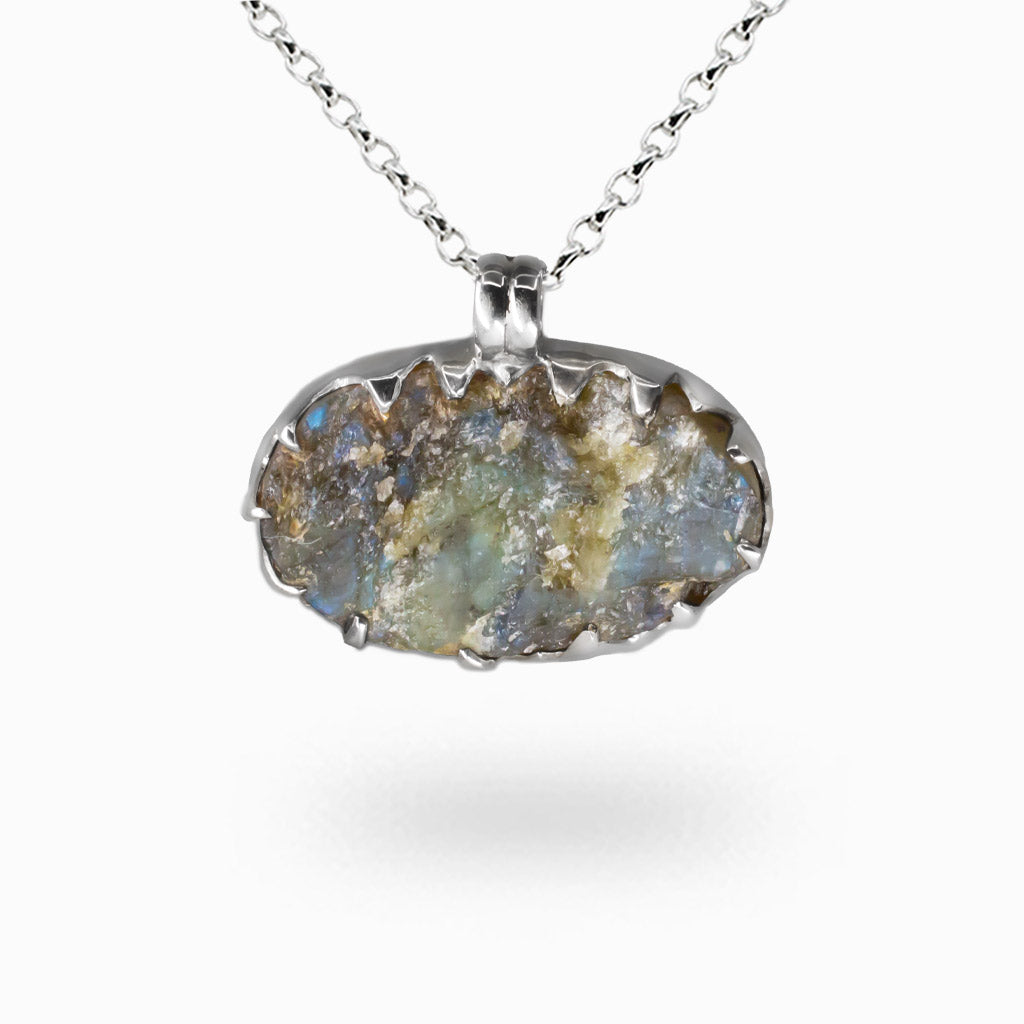 Raw labradorite necklace with deep indigo blue flash set in sterling silver. | MADE IN EARTH