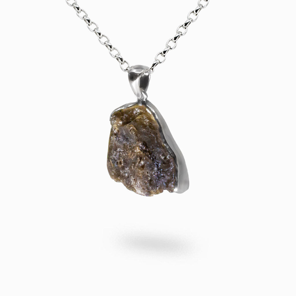 Raw Darwin Glass tektite necklace in sterling silver bezel, dark natural meteorite stone pendant. | MADE IN EARTH
