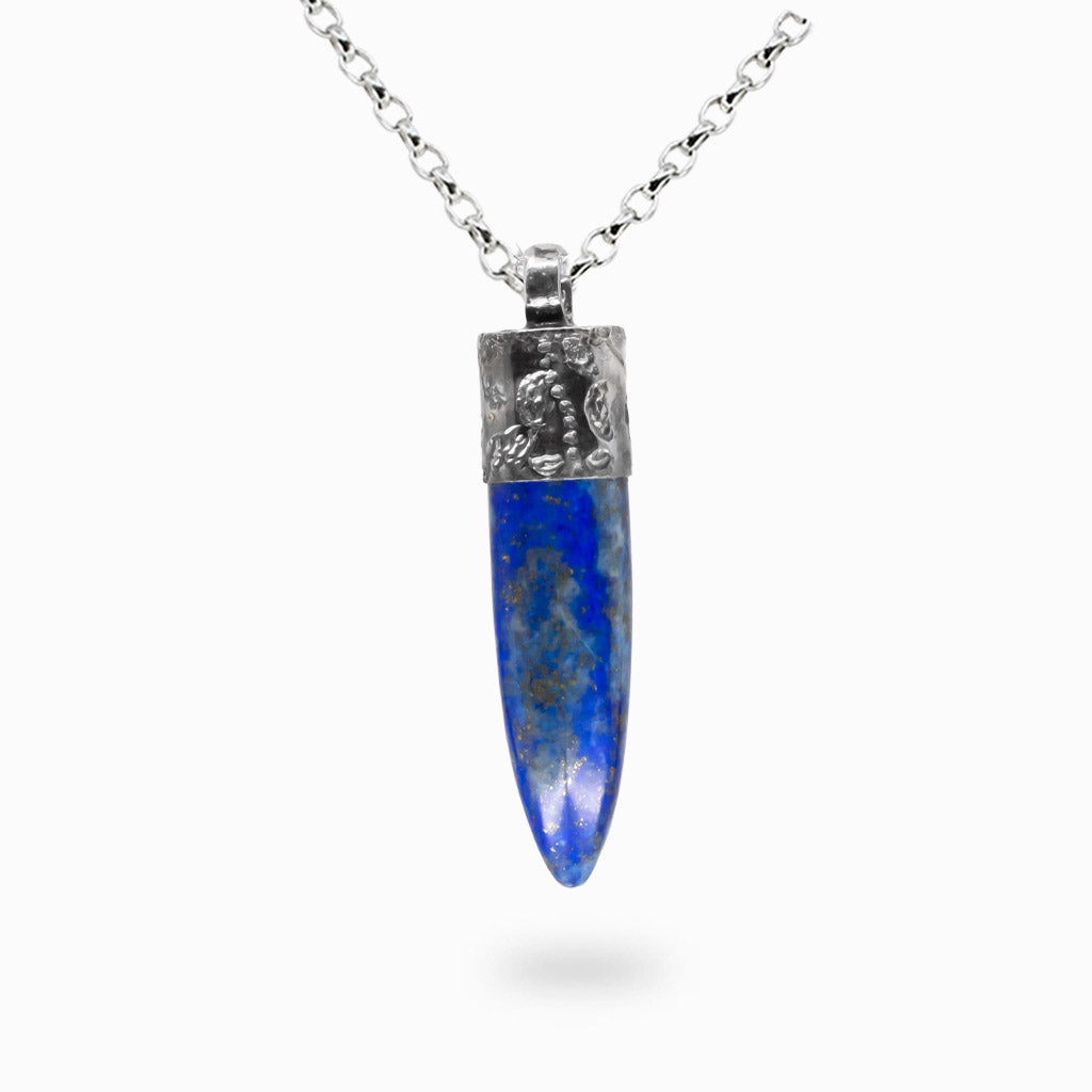 Pencil-shaped lapis lazuli necklace with deep blue stone and gold pyrite flecks set in sterling silver.