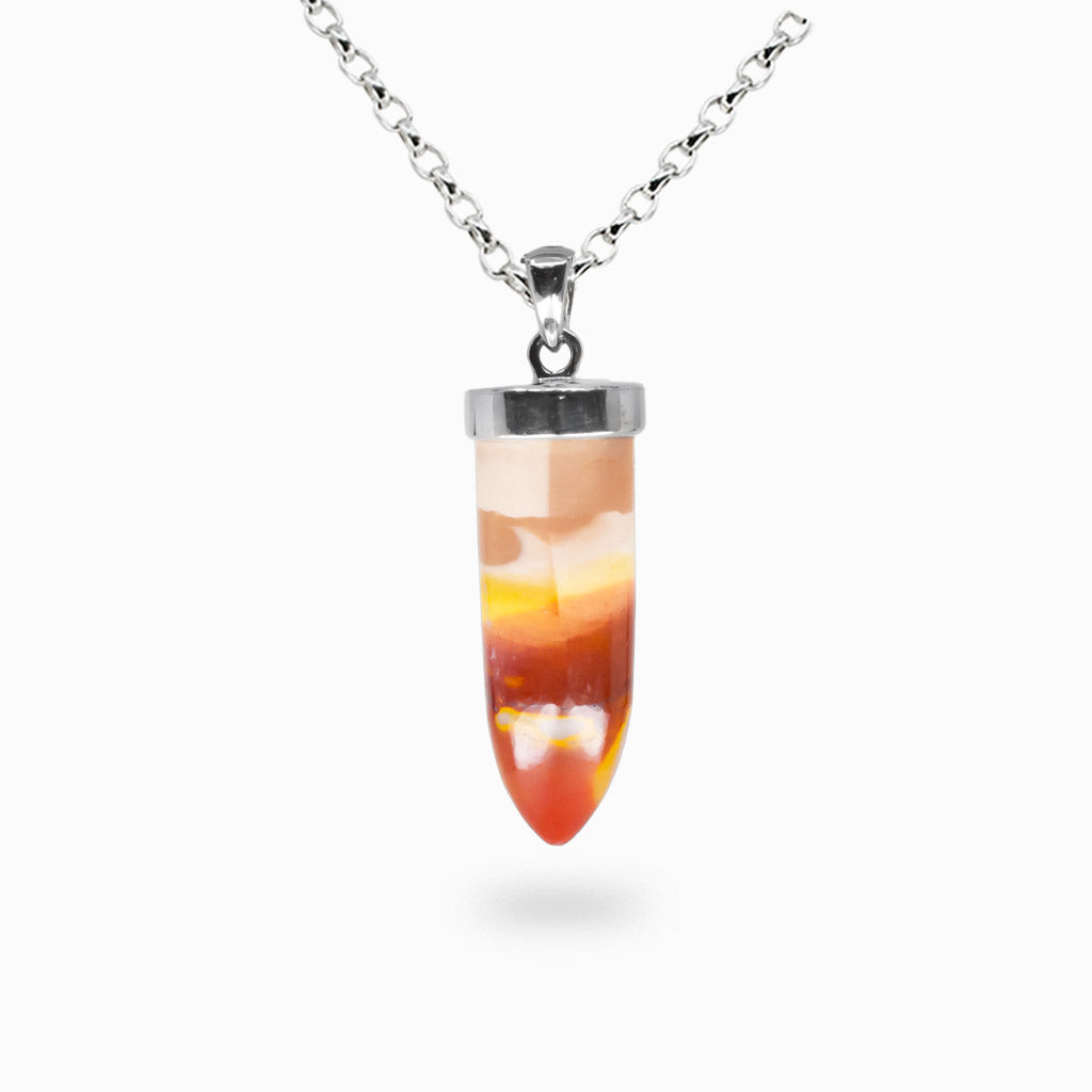 Pencil Mookaite necklace set in sterling silver featuring natural red, yellow, and earth-toned patterns inspired by the Australian outback