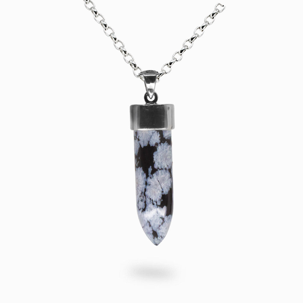 Snowflake Obsidian pencil necklace with white cristobalite inclusions set in sterling silver | MADE IN EARTH