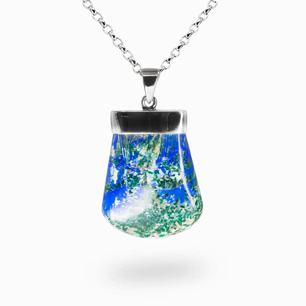 Azurite Malachite necklace sterling silver, blue green gemstone pendant, natural Azurite Malachite cabochon jewelry