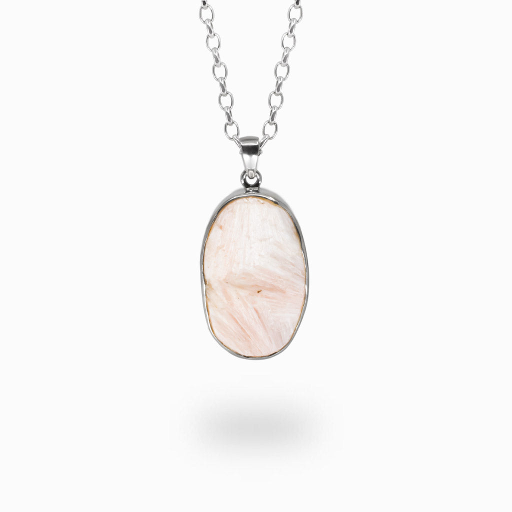Oval pink scolecite gemstone pendant set in sterling silver bezel on chain, natural crystal jewelry. | MADE IN EARTH