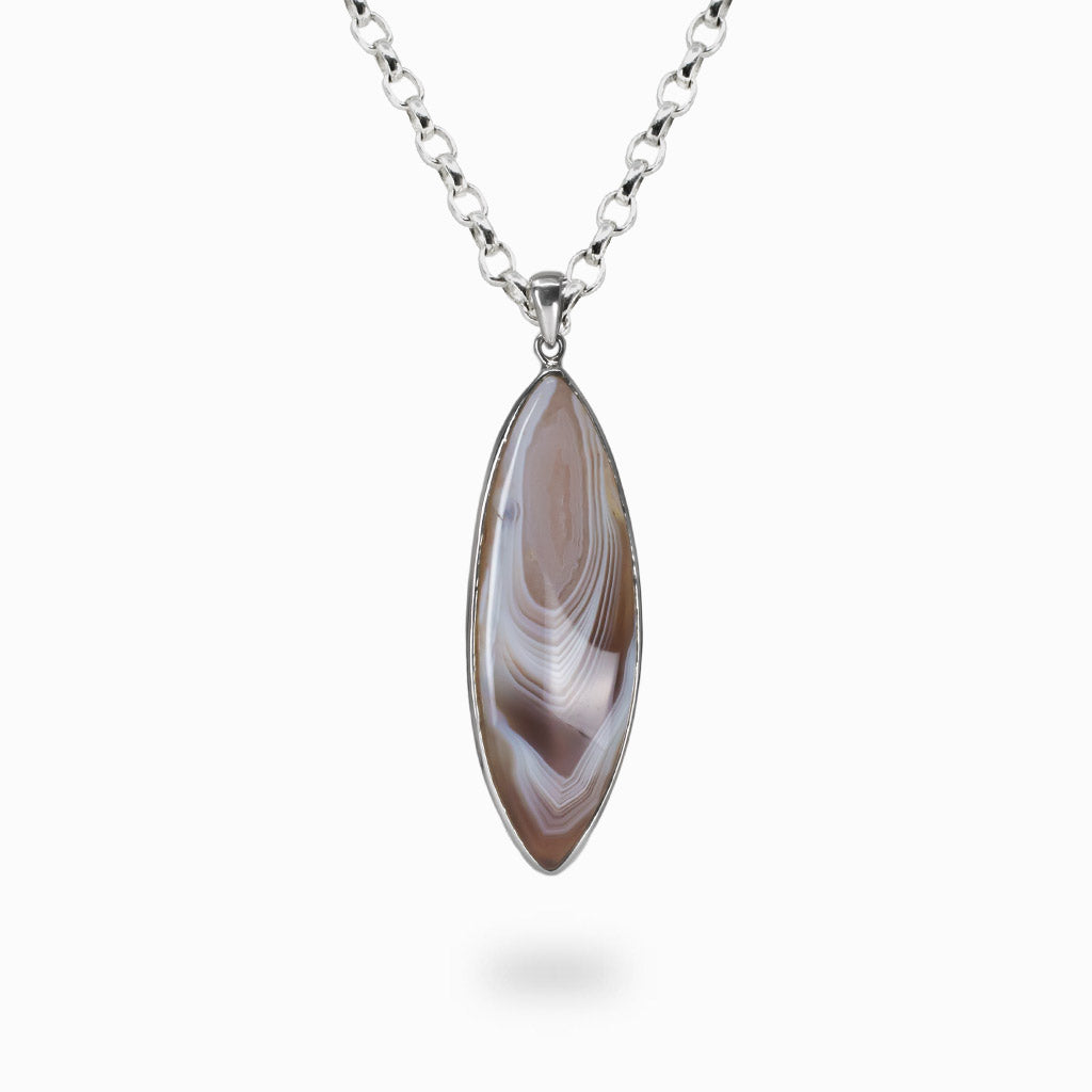 Marquise Botswana Agate cabochon necklace with caramel, taupe, and lavender banded gemstone set in sterling silver bezel