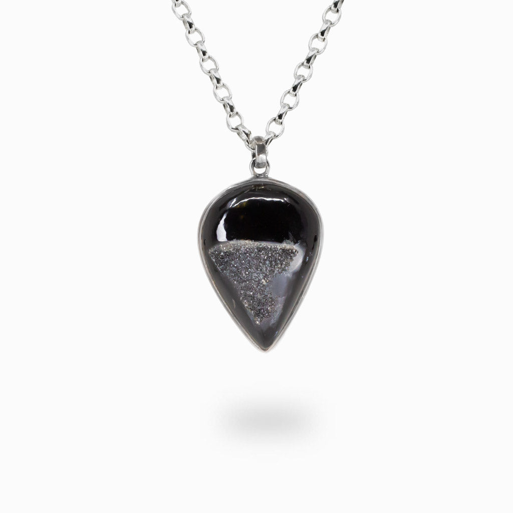 Black Onyx Druzy tear-shaped necklace with sparkling crystal druzy center set in sterling silver bezel | MADE IN EARTH
