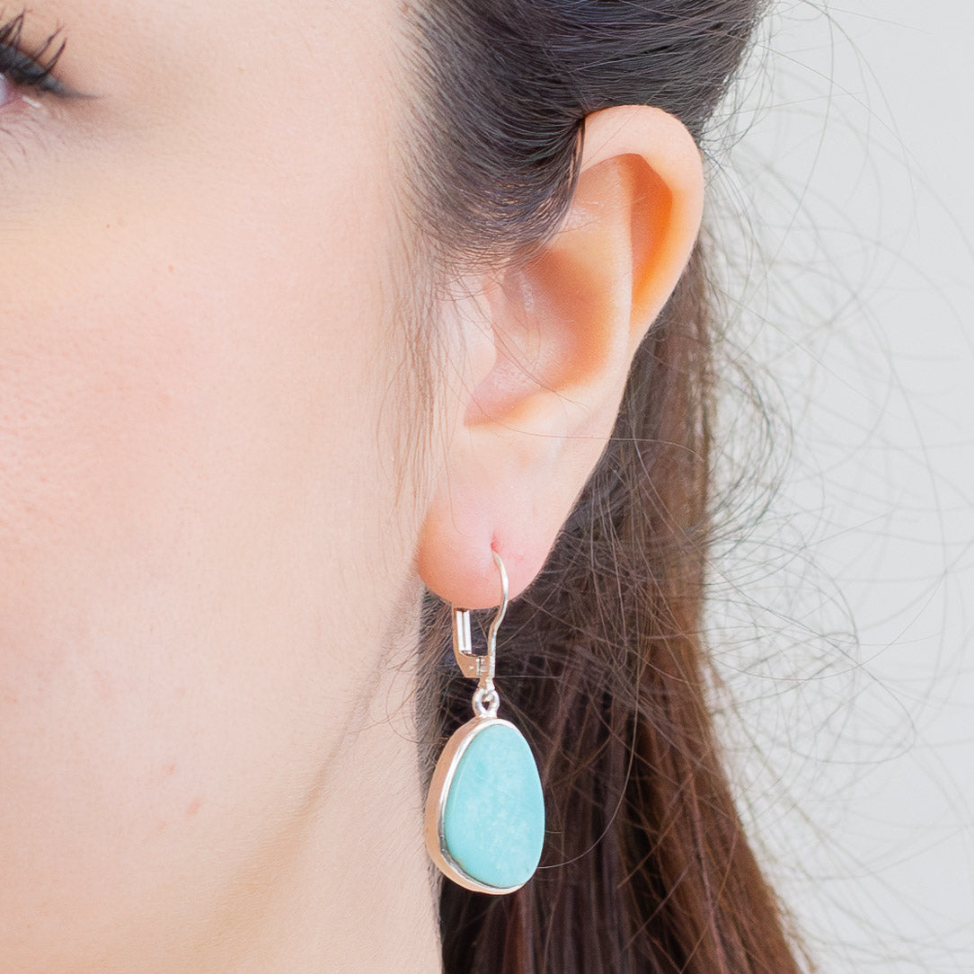 ORGANIC CABOCHON AMAROO TURQUOISE DROP EARRINGS ON MODEL