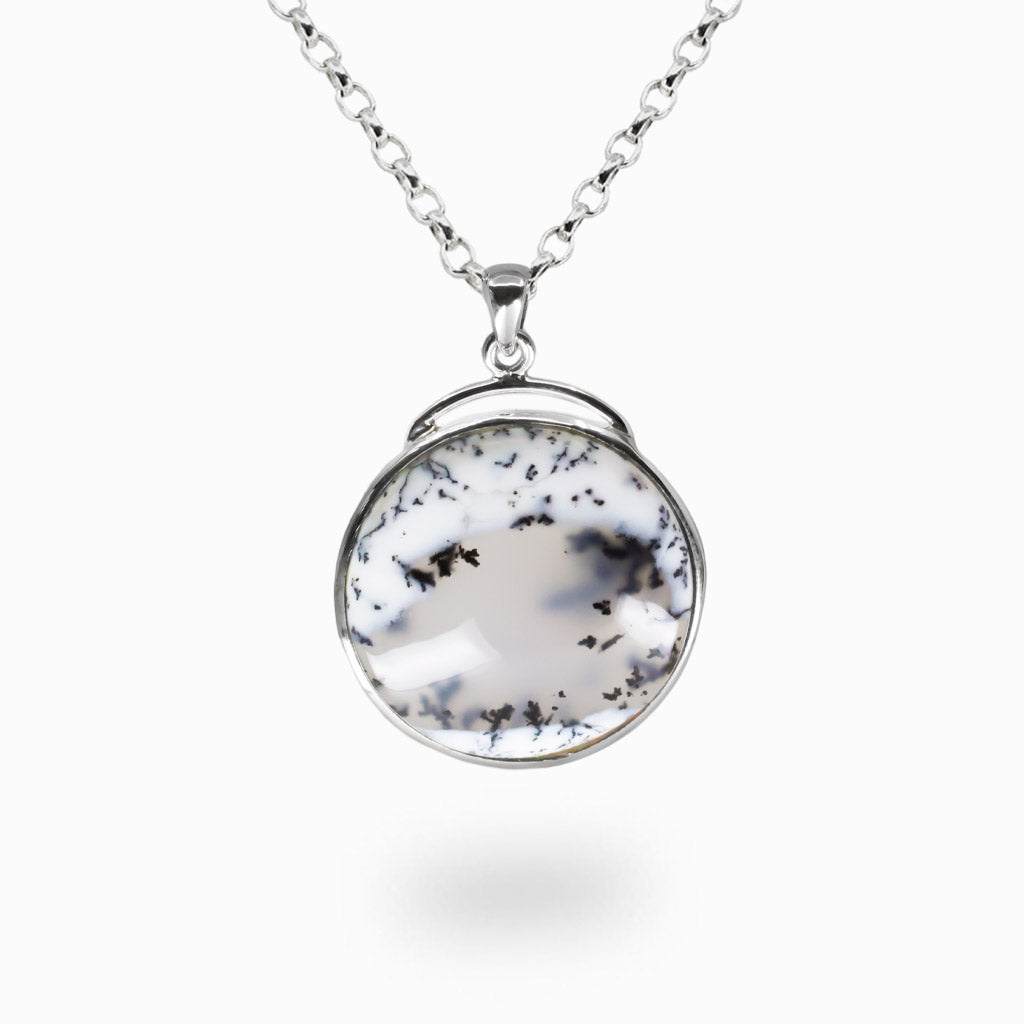 Round dendritic opal necklace in sterling silver with white opal and black dendrite inclusions.MADE IN EARTH