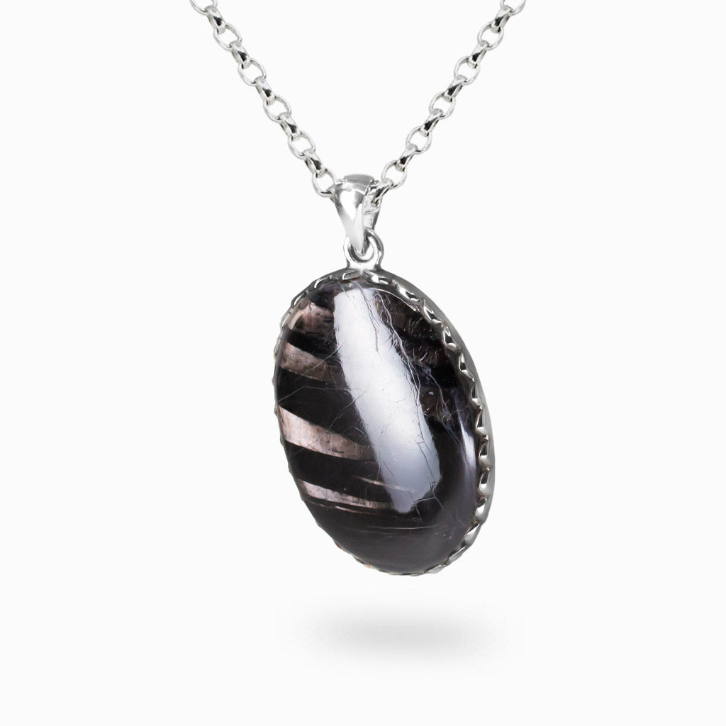 Oval hypersthene cabochon pendant necklace set in sterling silver on chain
