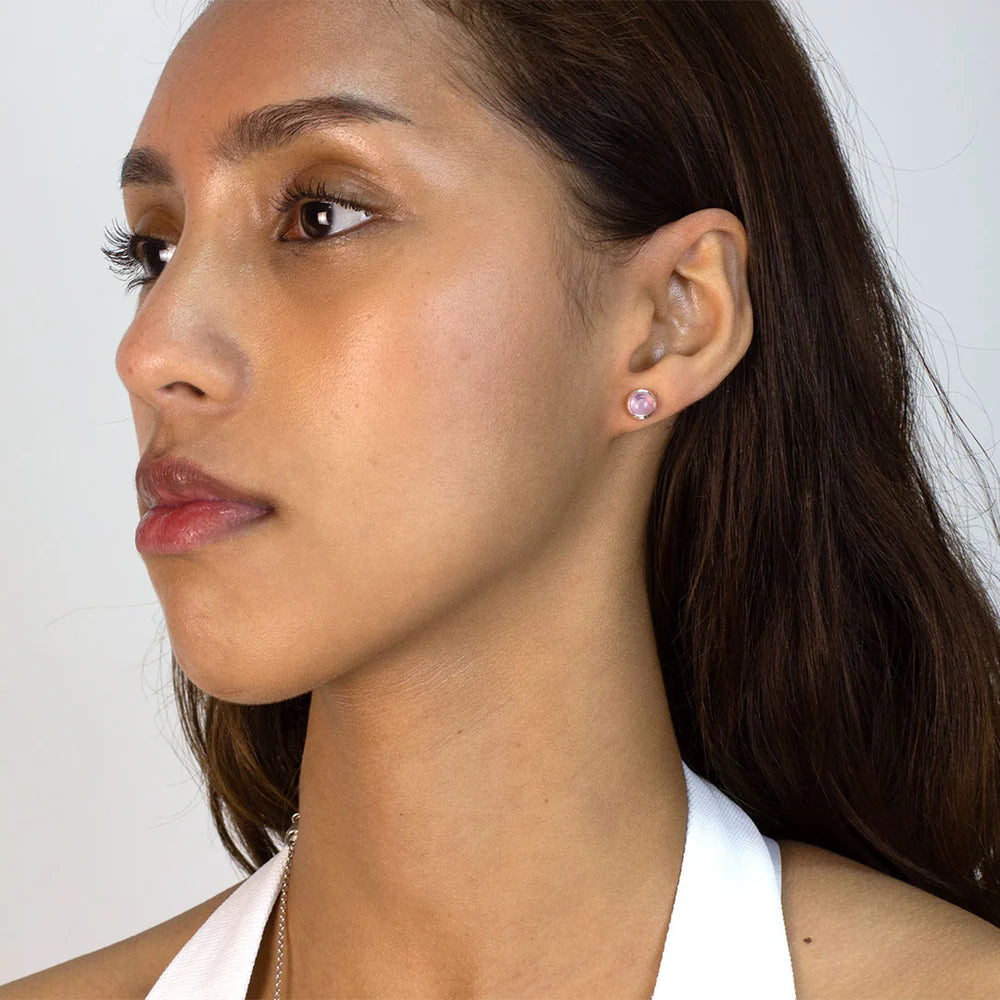 rose quartz stud earrings sterling silver round cabochon bezel soft pink gemstone studs