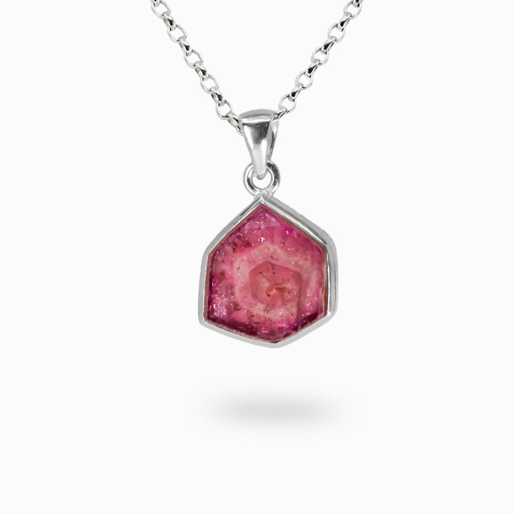 Pink Tourmaline slice triangle gemstone necklace set in sterling silver bezel. MADE IN EARTH