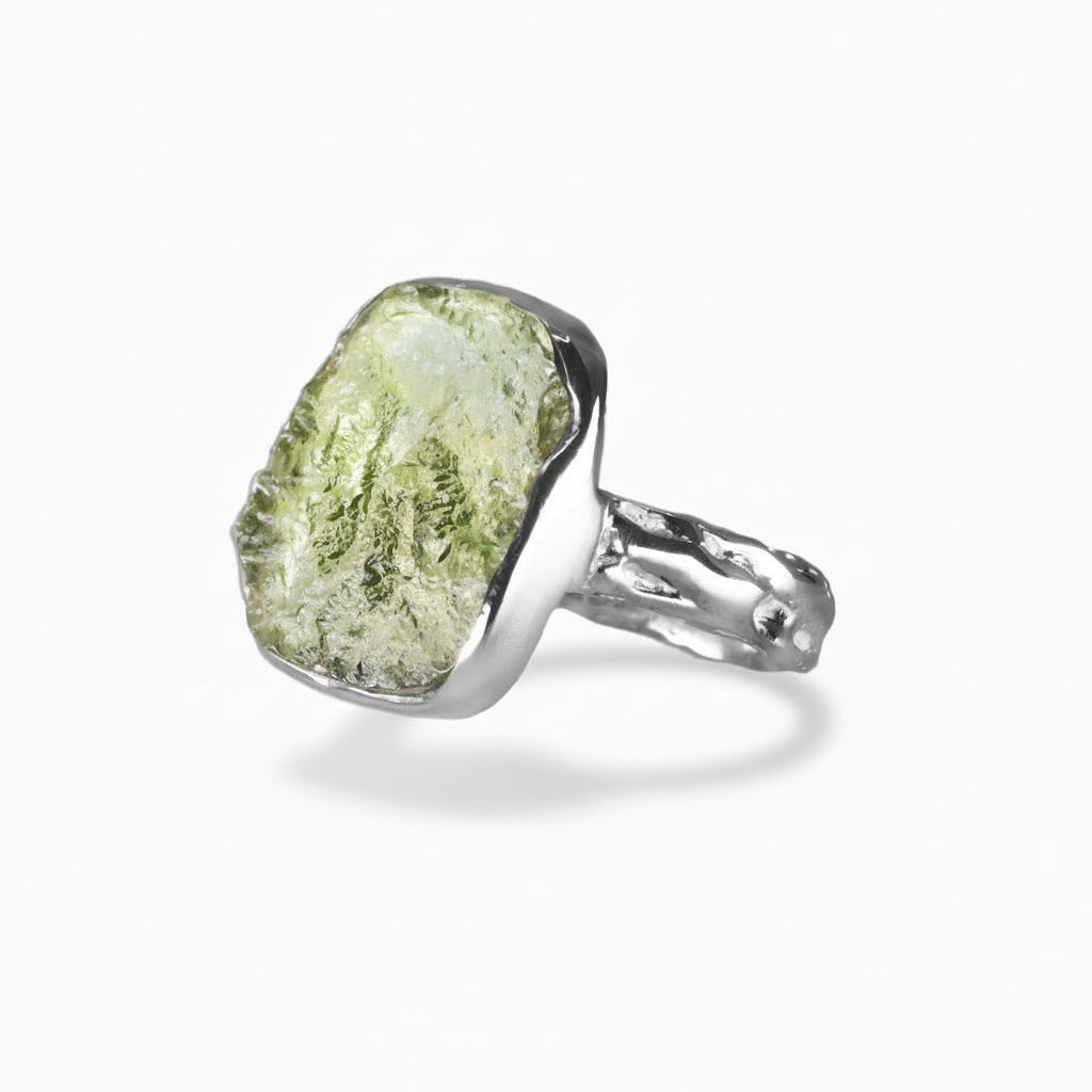 Raw square Moldavite ring set in sterling silver with natural olive-green texture on a white background | MADE IN EARTH
