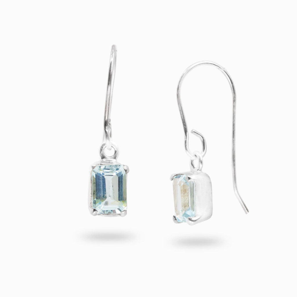 Sterling silver drop earrings featuring emerald-cut faceted Blue Topaz gemstones.