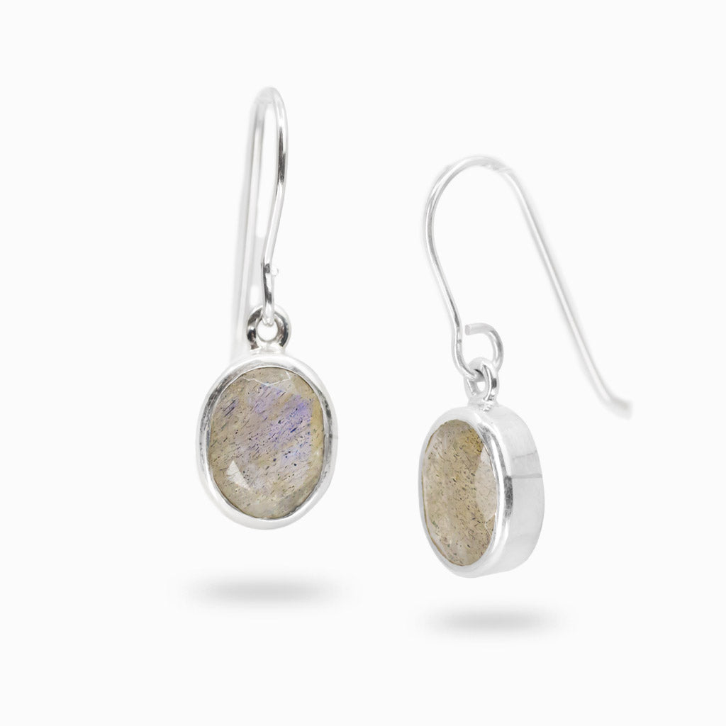Sterling silver drop earrings featuring faceted oval Labradorite gemstones with natural iridescence.