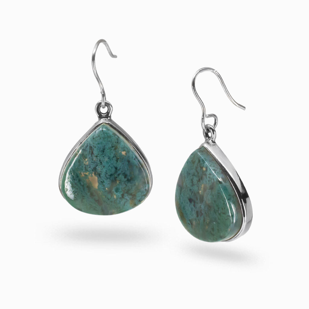 Moss Agate teardrop cabochon earrings in sterling silver with hook design | MADE IN EARTH