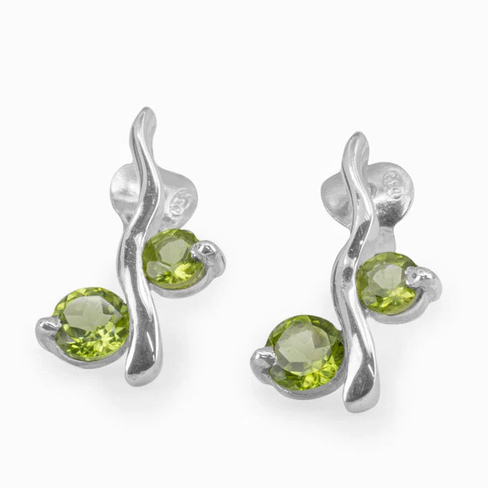 Double round faceted Peridot gemstones claw set in polished sterling silver stud earrings.