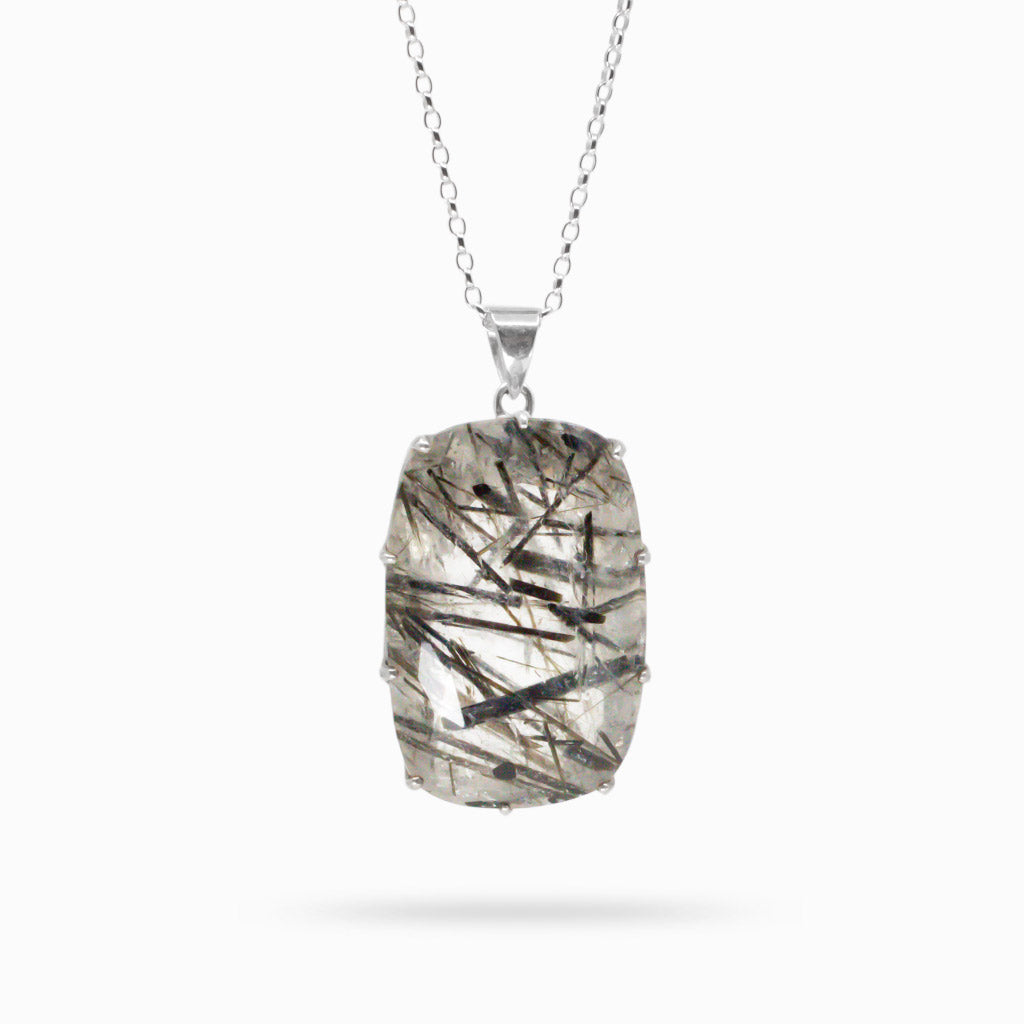 FACETED TOURMALINATED QUARTZ REC NECKLACE MADE IN EARTH STERLING SILVER
