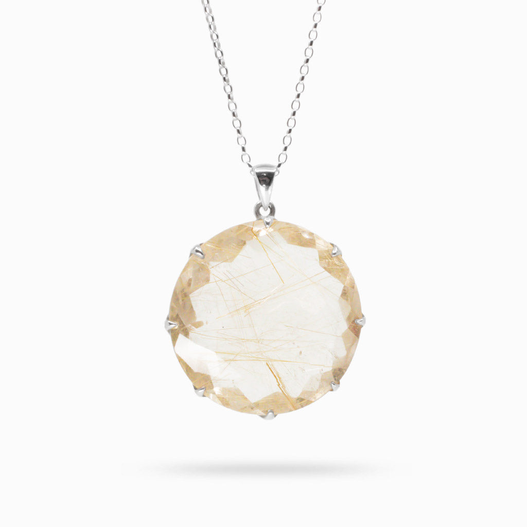 RUTILATED QUARTZ FAC ROUND CLAW STERLING SILVER NECKLACE MADE IN EARTH