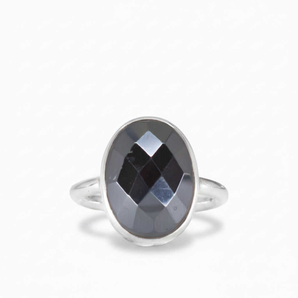 FACETED OVAL HEMATITE RING STERLING SILVER