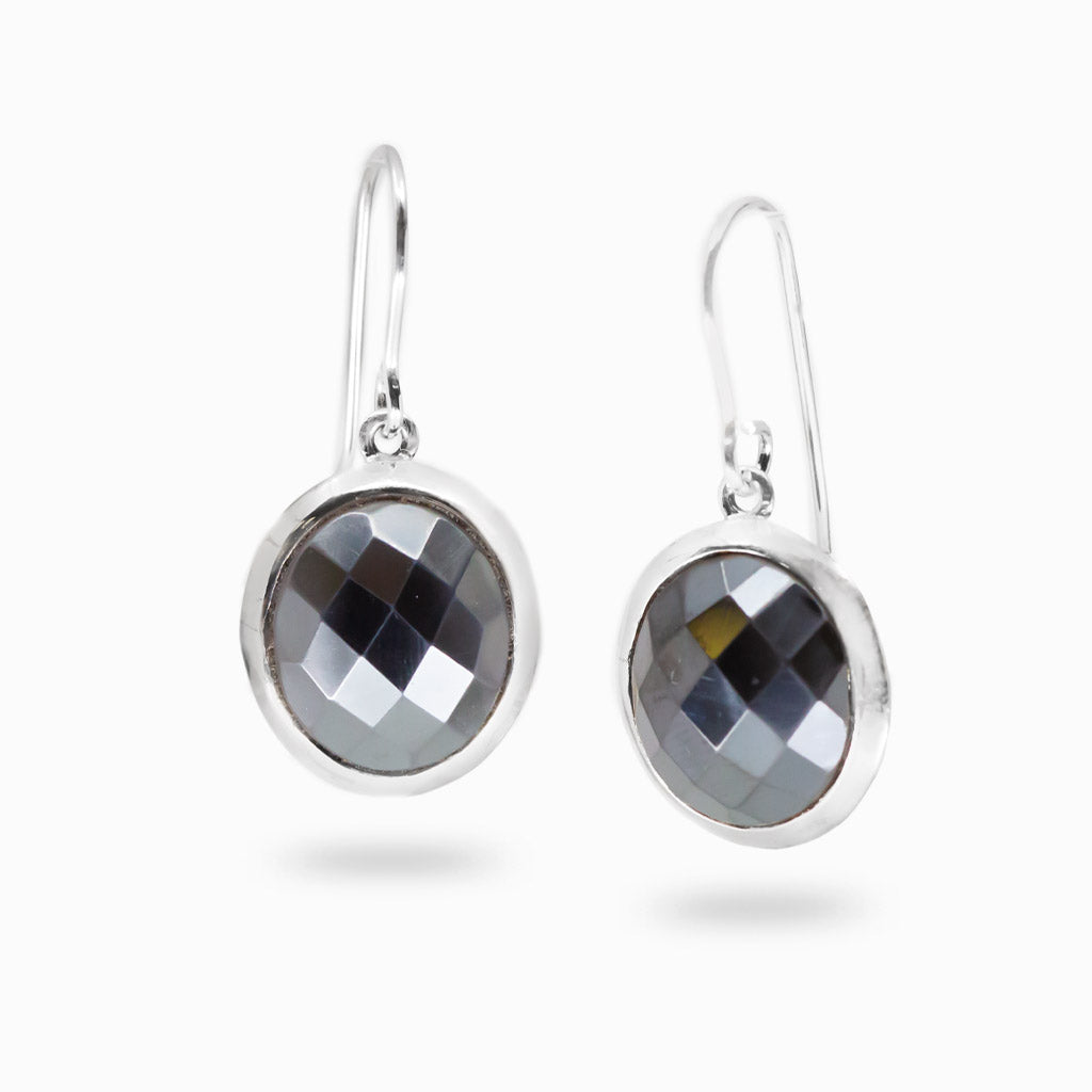Faceted hematite oval earrings in sterling silver with metallic gray reflective gemstone finish