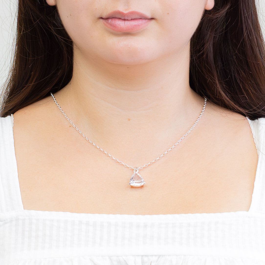 FACETED TRIANGLE CLEAR QUARTZ NECKLACE STERLING SILVER ON MODEL | MADE IN EARTH