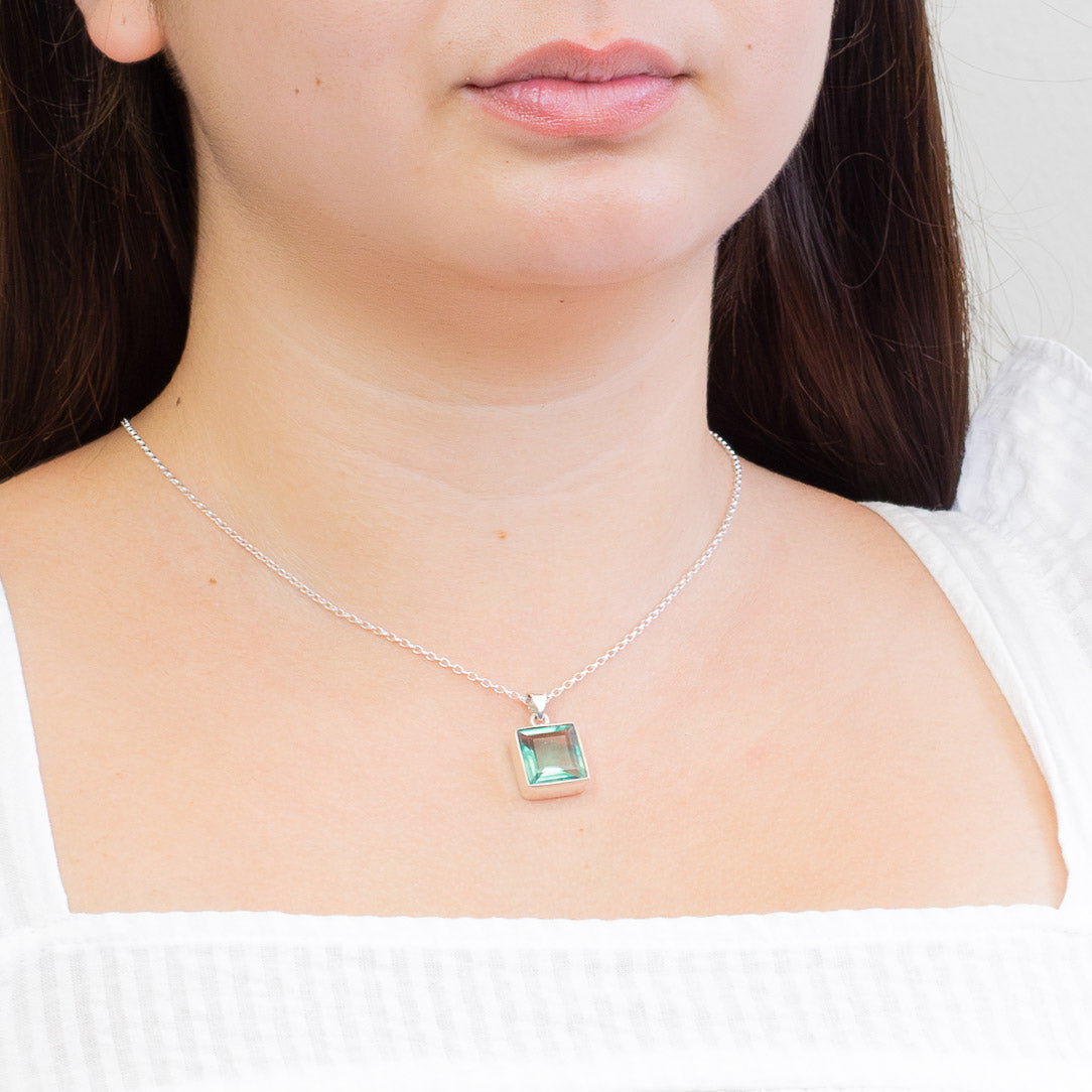 FACETED SQUARE FLUORITE BEZEL NECKLACE STERLING SILVER ON MODEL | MADE IN EARTH