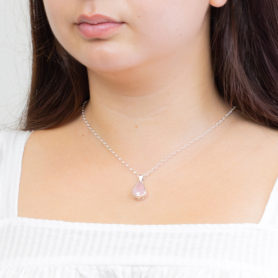 FACETED PINK MORGANITE TEAR NECKLACE WITH FILAGREE BEZEL STERLING SILVER | ON MODEL MADE IN EARTH