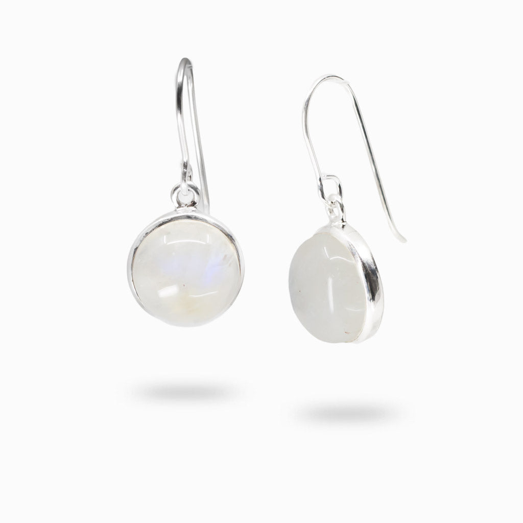 Round rainbow moonstone cabochon drop earrings in sterling silver with iridescent glow