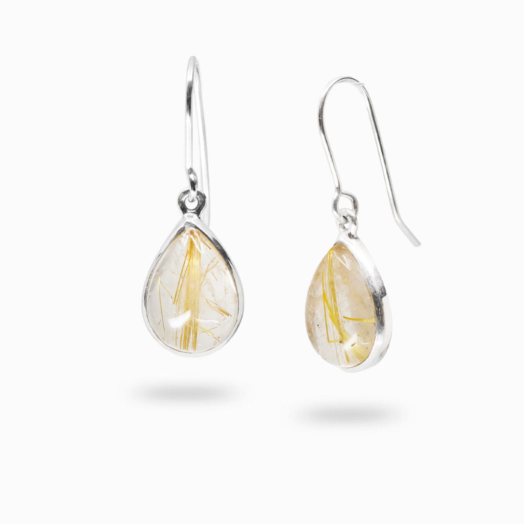 Golden rutilated quartz teardrop cabochon earrings in sterling silver bezel with golden inclusions