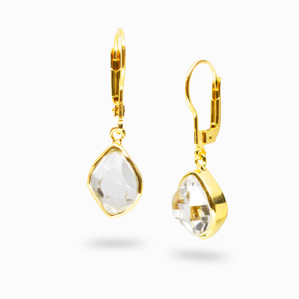 Raw Herkimer diamond bezel drop earrings in yellow gold vermeil with natural clear crystal and organic shape