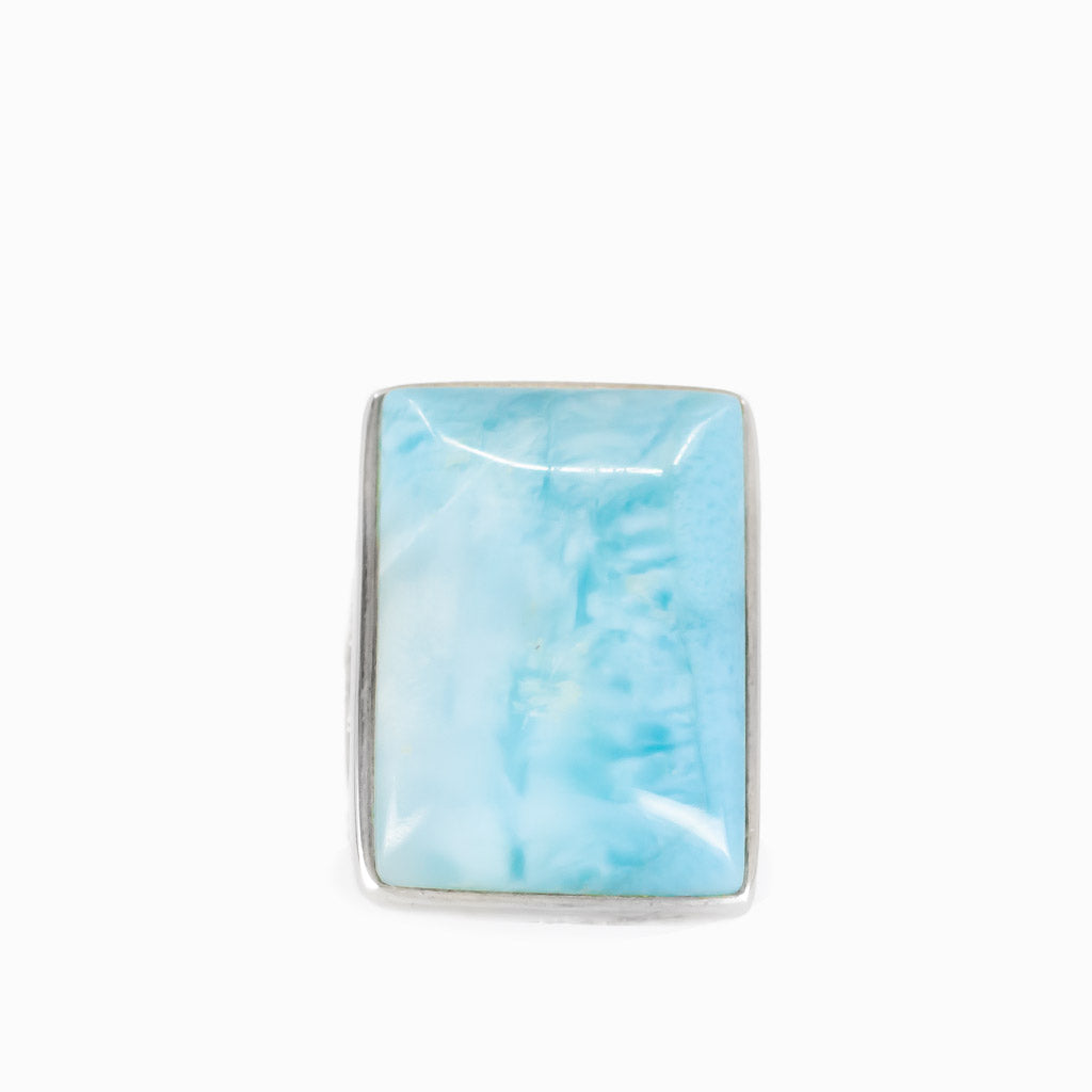 Larimar rectangular cabochon ring in sterling silver with blue and white marbling