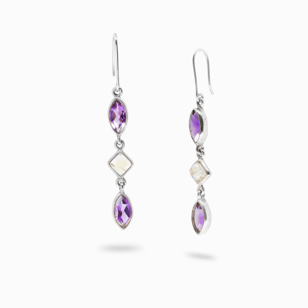 Amethyst and rainbow moonstone stud drop earrings in sterling silver