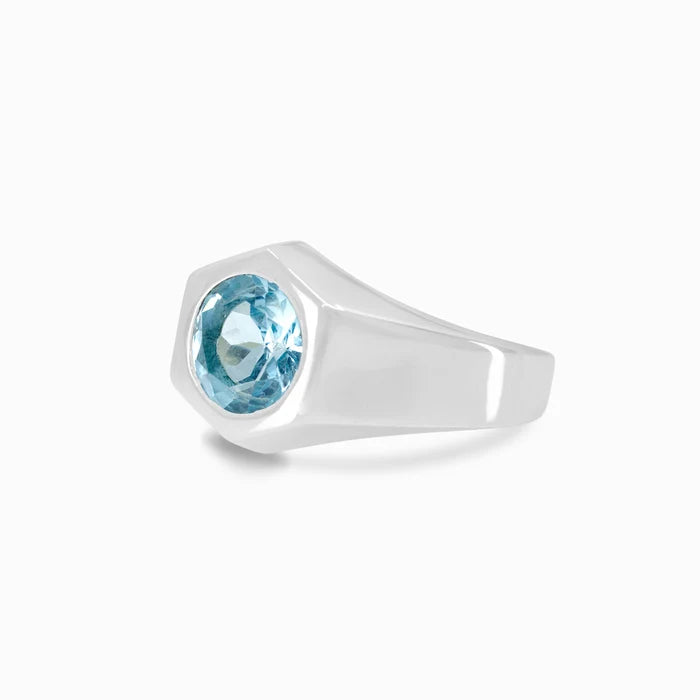 Round faceted Blue Topaz gemstone bezel set in polished sterling silver signet-style ring.