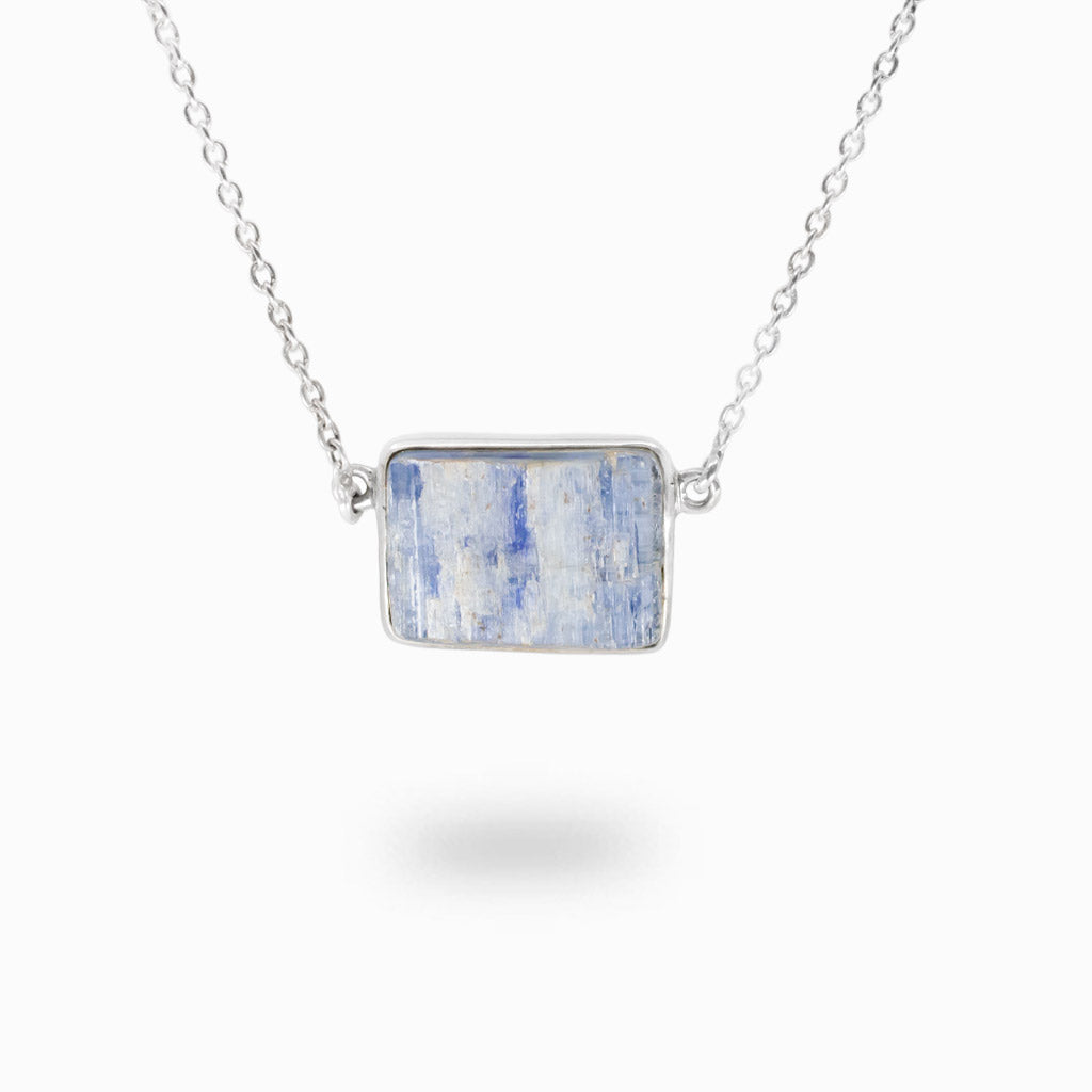 Natural Blue Kyanite necklace in sterling silver with rectangular gemstone.