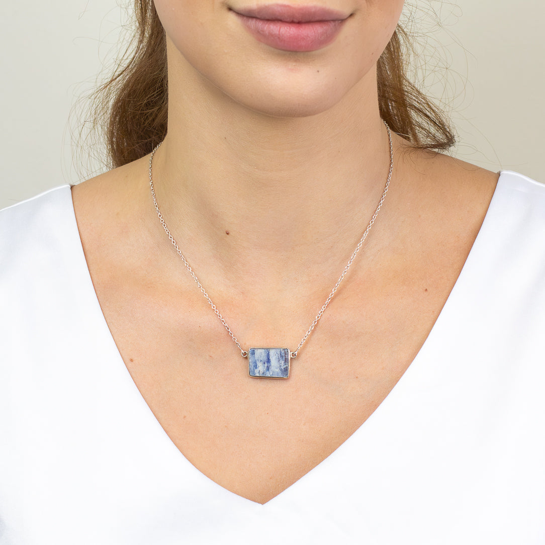 Natural Blue Kyanite necklace in sterling silver with rectangular gemstone.