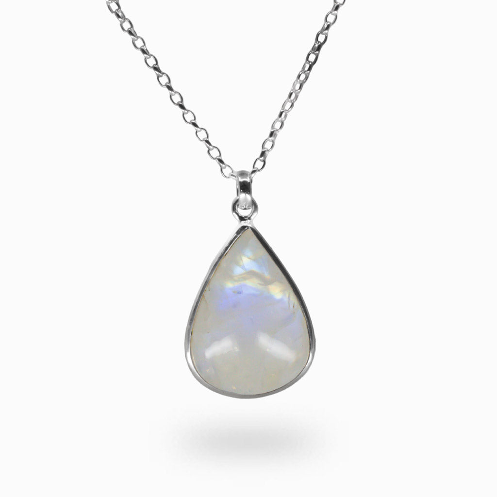 CABOCHON TEARDROP RAINBOW MOONSTONE NECKLACE IN STERLING SILVER