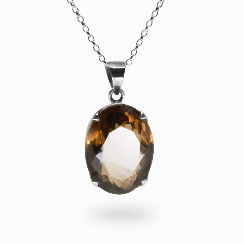 FACETED OVAL SMOKEY QUARTZ NECKLACE IN STERLING SILVER MADE IN EARTH